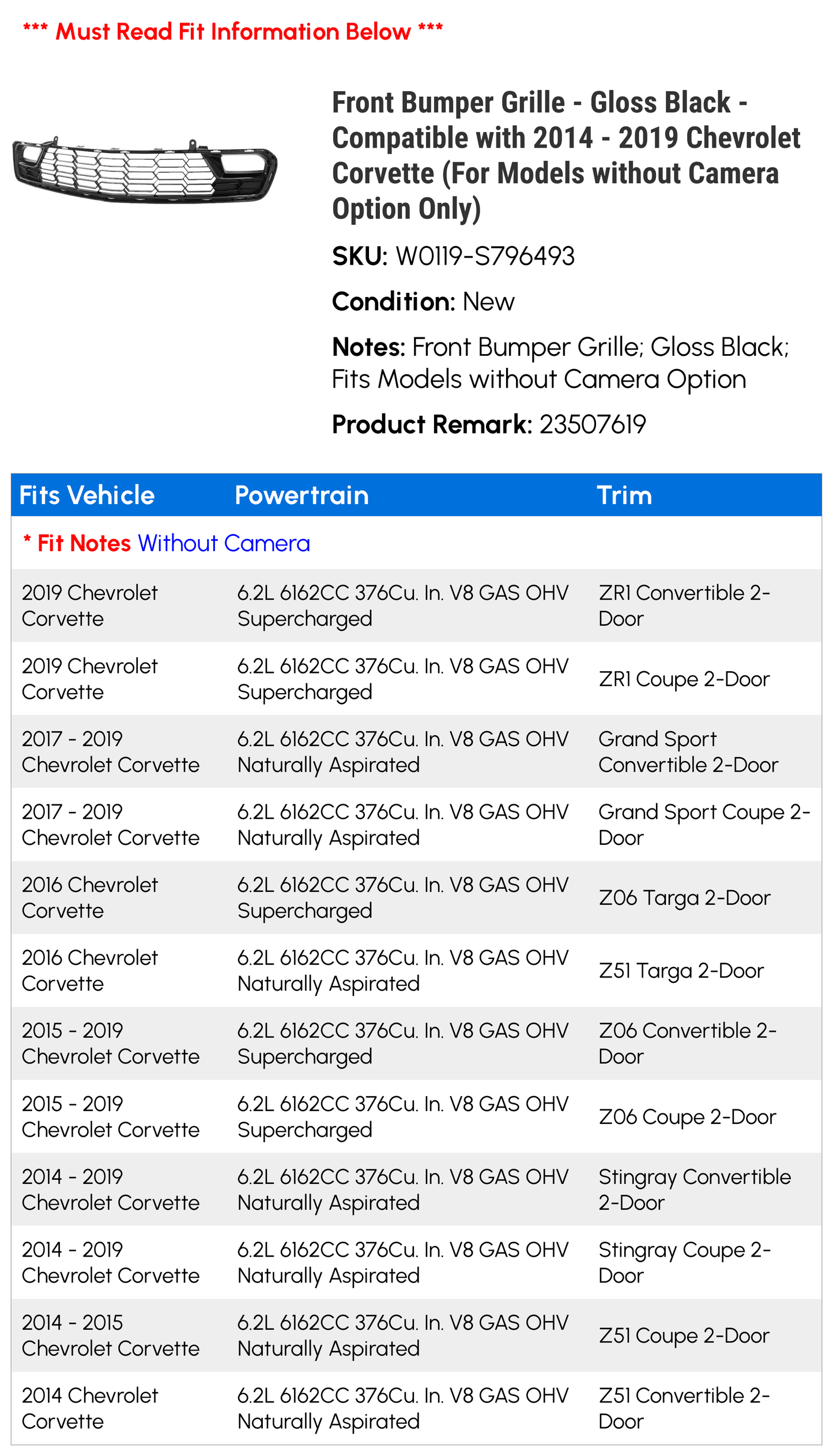 Front Bumper Grille - Gloss Black - Compatible with 2014 - 2019 Chevy Corvette (For Models without Camera Option Only) 2015 2016 2017 2018