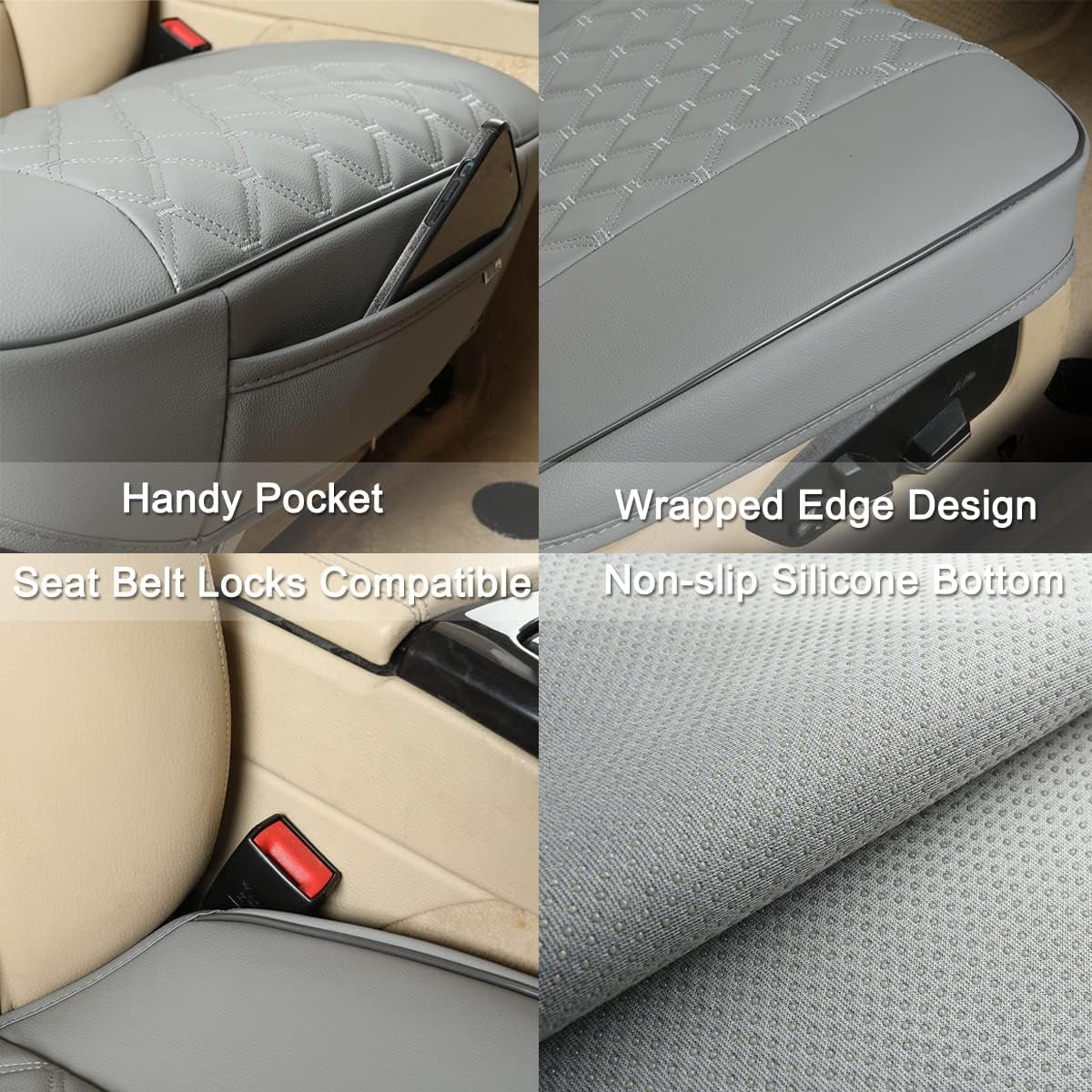 1 Pair PU Front Car Seat Covers, Front Seat Protectors Compatible with 95% Vehicles, Anti-Slip & Full Wrapping Edge, Diamond Pattern Embroidery (W 21.26''×D 20.86”) - Light Gray