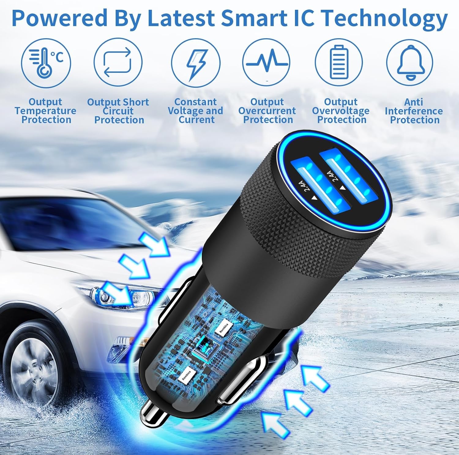 【Mfi Certified】Iphone Car Charger Fast Charging,  4.8A Dual USB Smart Power Cigarette Lighter USB Car Charger with 2Pack Lightning Braided Cable for Iphone 14 13 12 11 Pro XS Mini XR X SE Ipad