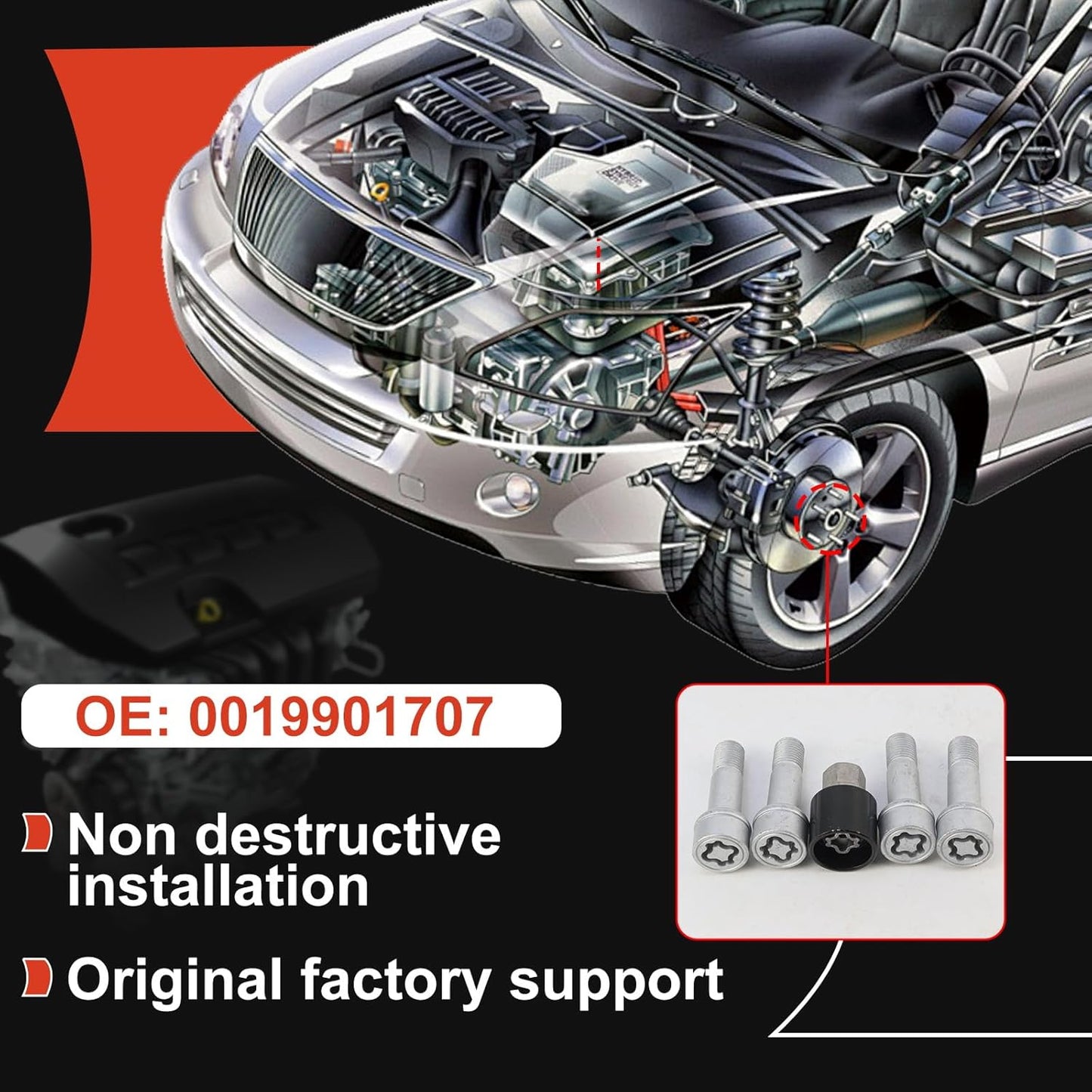 4 PCS 304 Pattern Rim Wheel Lock Nut Set - anti Theft Wheel Bolt Lock Kit for Benz S/Glc/Gle/E/G/M/R-Class - OEM Number: 0019901707