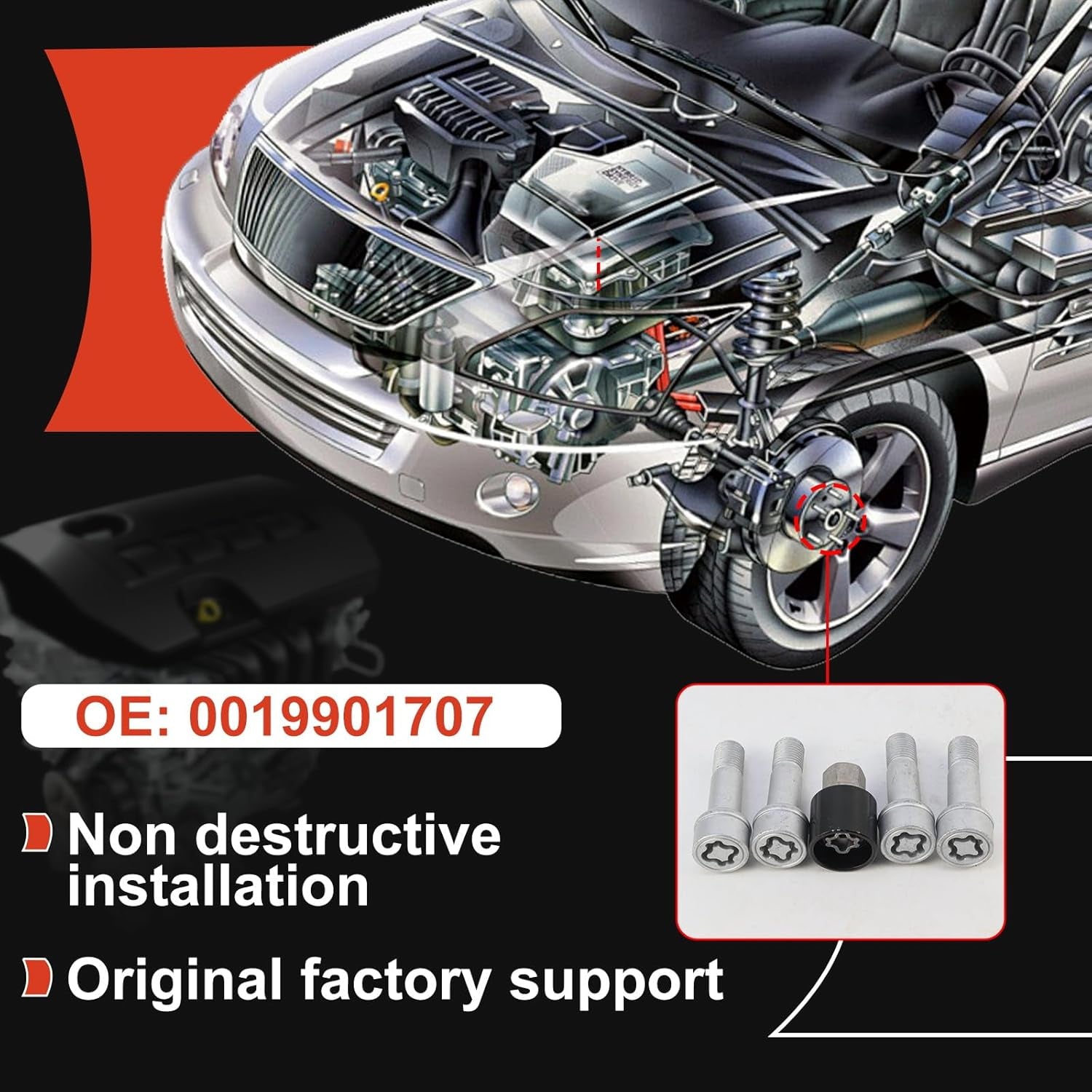 4 PCS 304 Pattern Rim Wheel Lock Nut Set - anti Theft Wheel Bolt Lock Kit for Benz S/Glc/Gle/E/G/M/R-Class - OEM Number: 0019901707