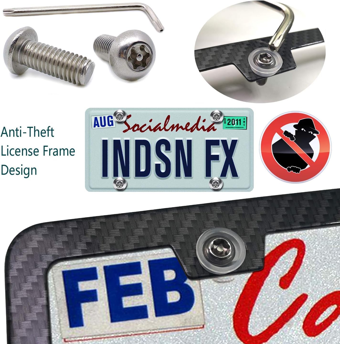 Carbon Fiber License Plate Frames- anti Theft Black Aluminum Printed Carbon Patterns for Front Rear Car Tag Holder, with Stainless Steel Mount Hardware Kit- Locking Security Screws Bolts, Caps