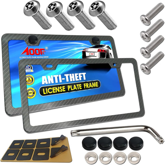 Carbon Fiber License Plate Frames- anti Theft Black Aluminum Printed Carbon Patterns for Front Rear Car Tag Holder, with Stainless Steel Mount Hardware Kit- Locking Security Screws Bolts, Caps