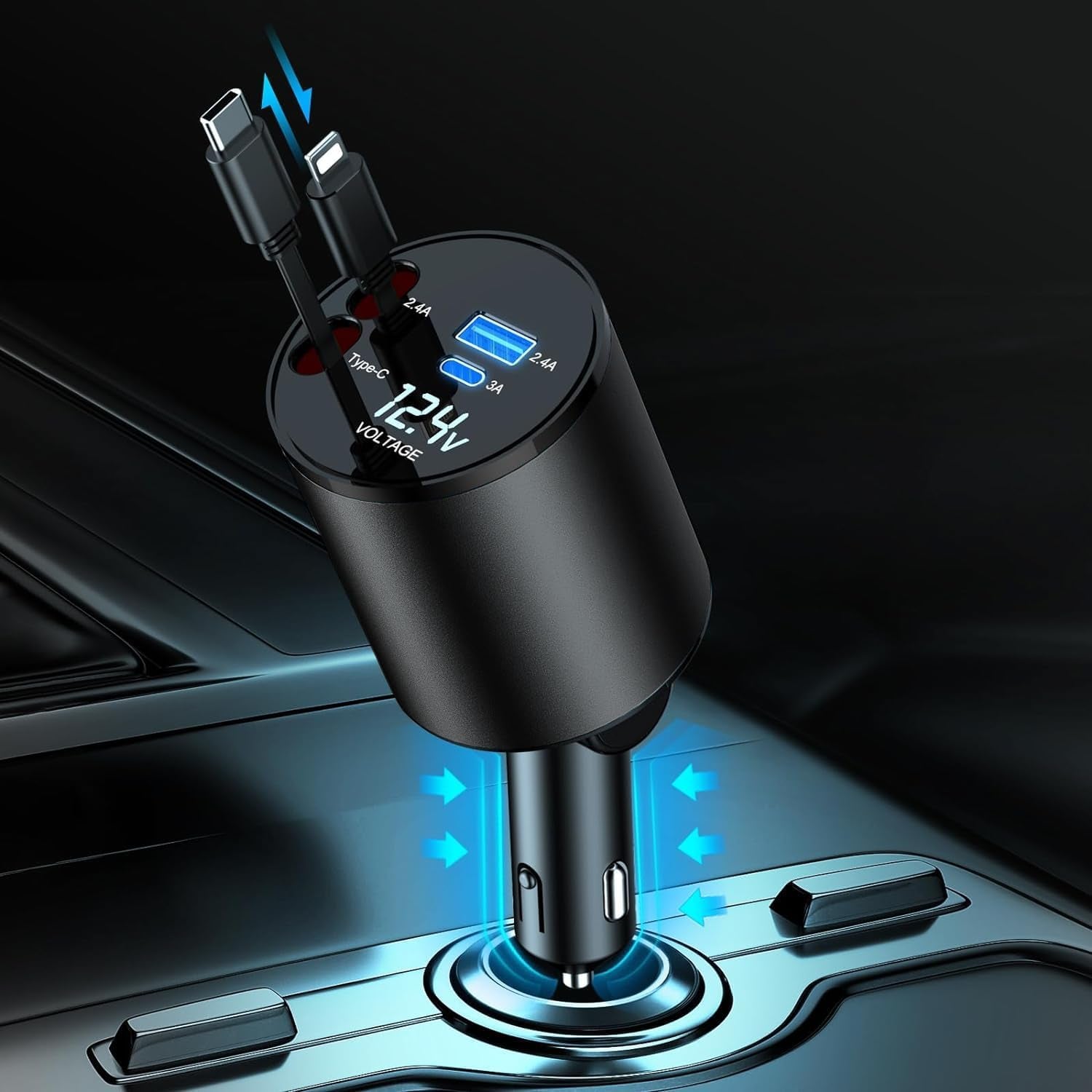 Retractable Car Charger, 4 in 1 Super Fast Car Phone Charger 60W, 2 Retractable Cables and 2 USB Ports Car Charging Adapter,Compatible with Iphone 16/15/14/13/12/11,Air-Pods 4,Galaxy,Pixel