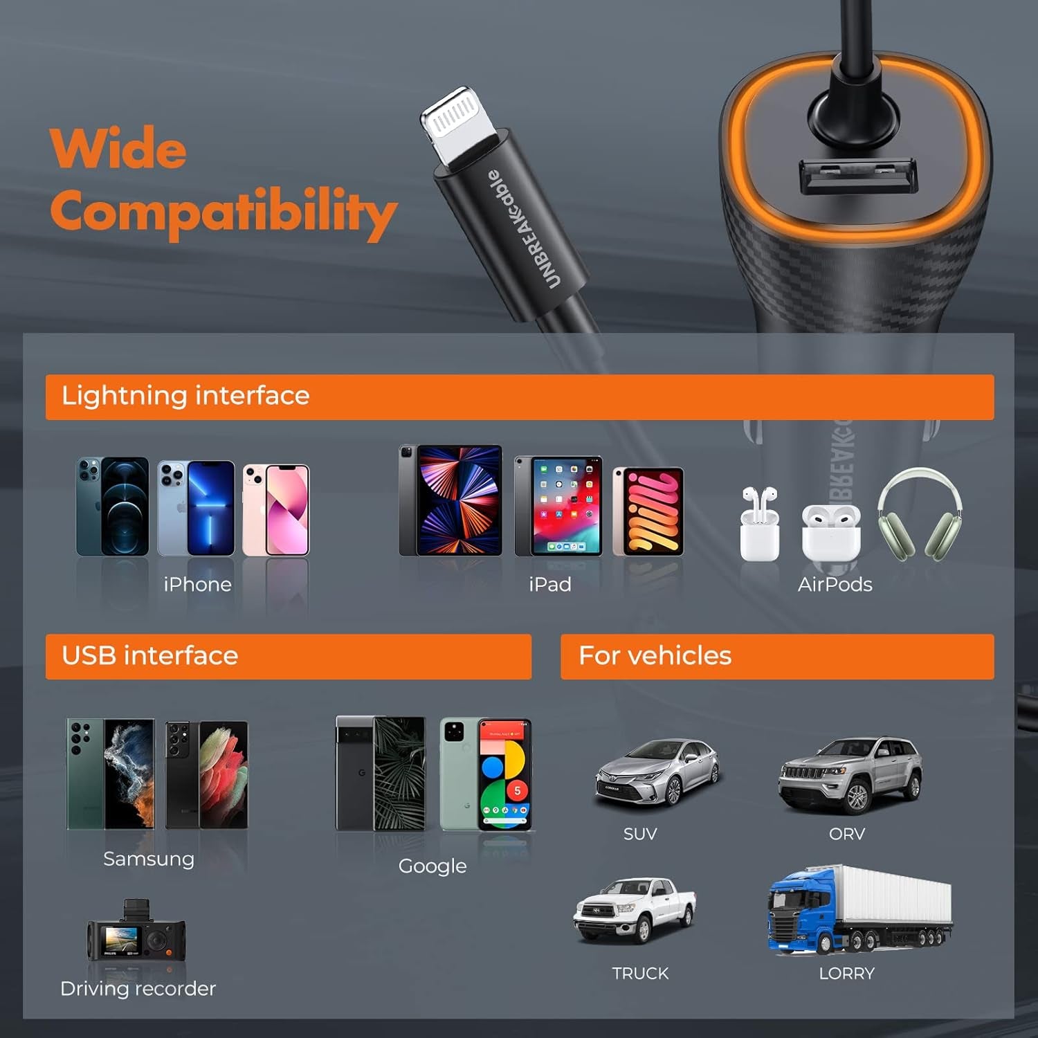 32W Iphone Car Charger -  [PD 20W Quick Charge] [Apple MFI C94 Certified] Phone Cigarette Lighter with Built-In 5FT Lightning Cable for Apple Iphone 14/13/12/11/Xs/Xs Max/Xr/X/8-Orange