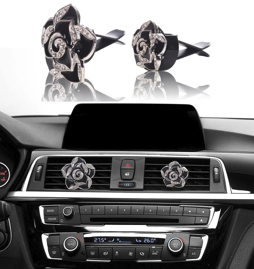 Bling Car Accessories Interior Air Vent Crystal Rhinestone Diamond Flowers Decoration, 1 Pair, Black