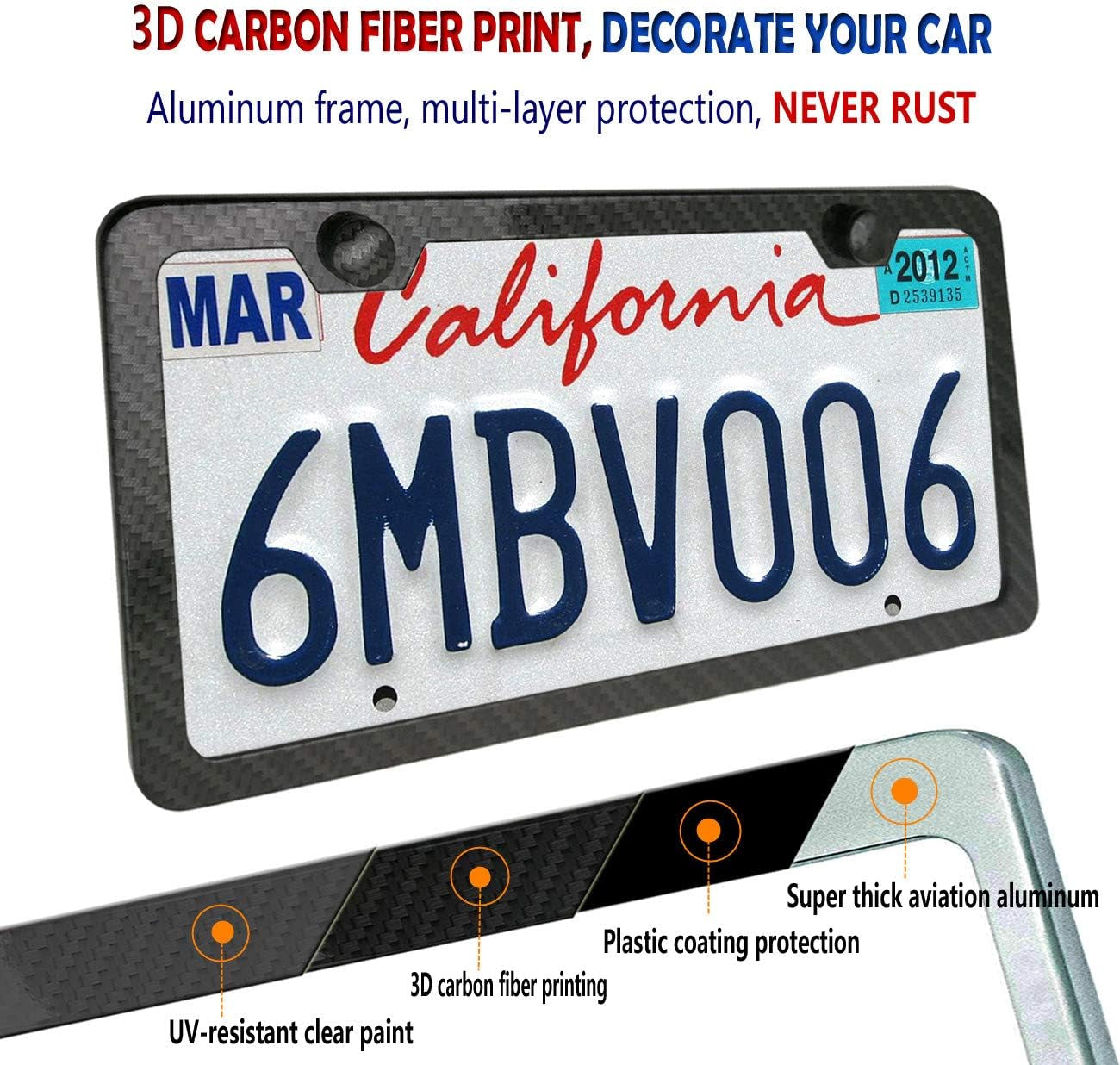 Carbon Fiber License Plate Frames- anti Theft Black Aluminum Printed Carbon Patterns for Front Rear Car Tag Holder, with Stainless Steel Mount Hardware Kit- Locking Security Screws Bolts, Caps