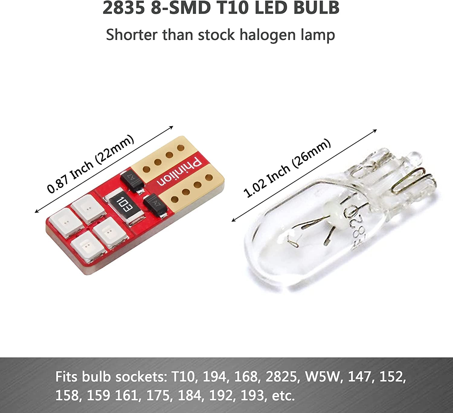 12V T10 168 194 Red LED Light Bulbs, Super Bright Miniature 8-SMD Wedge 3652 12256 12396 Replacement Bulb for Car Interior Dome Map Door Courtesy License Plate Lights, Pack of 10