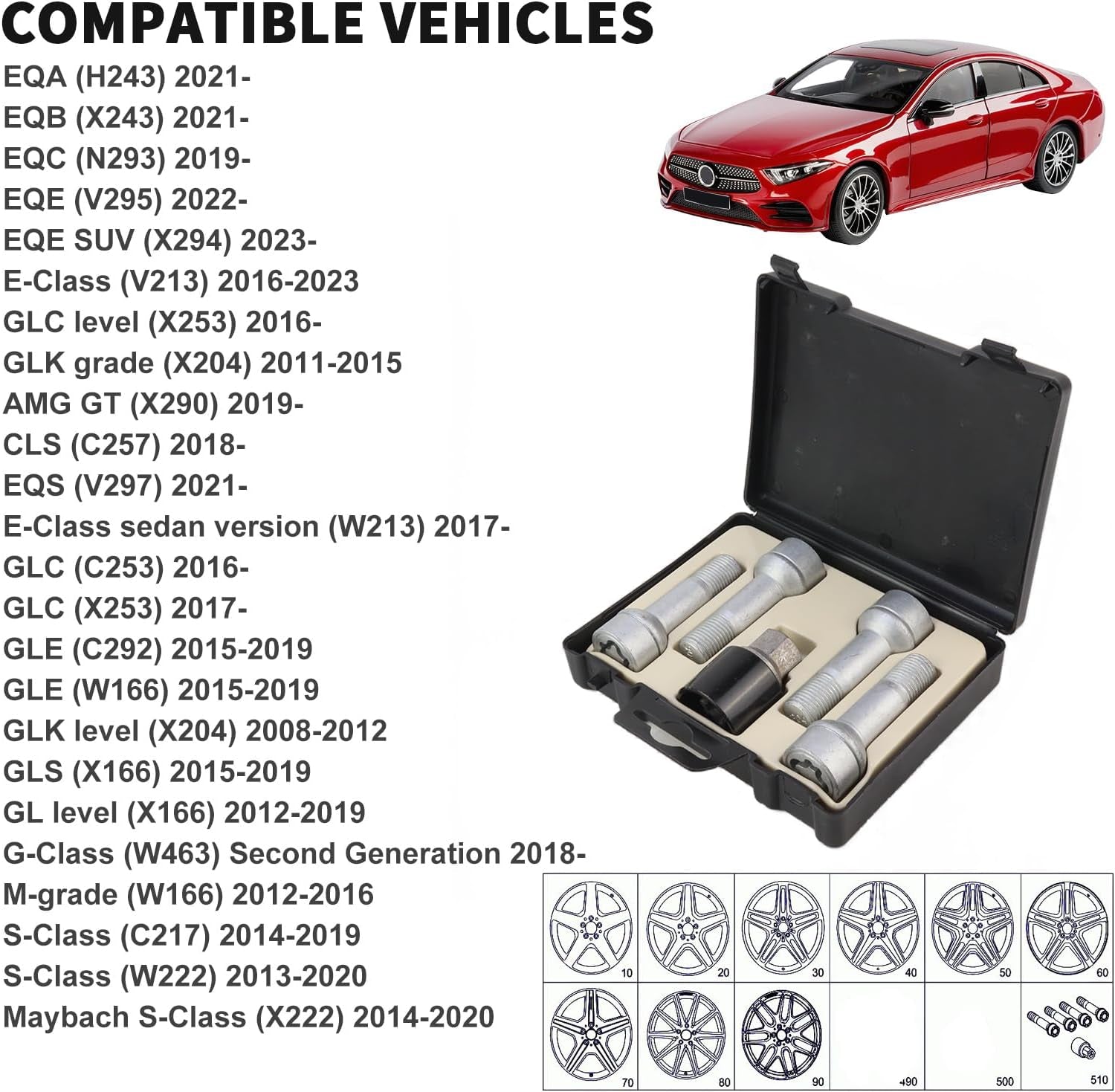 4 PCS 304 Pattern Rim Wheel Lock Nut Set - anti Theft Wheel Bolt Lock Kit for Benz S/Glc/Gle/E/G/M/R-Class - OEM Number: 0019901707