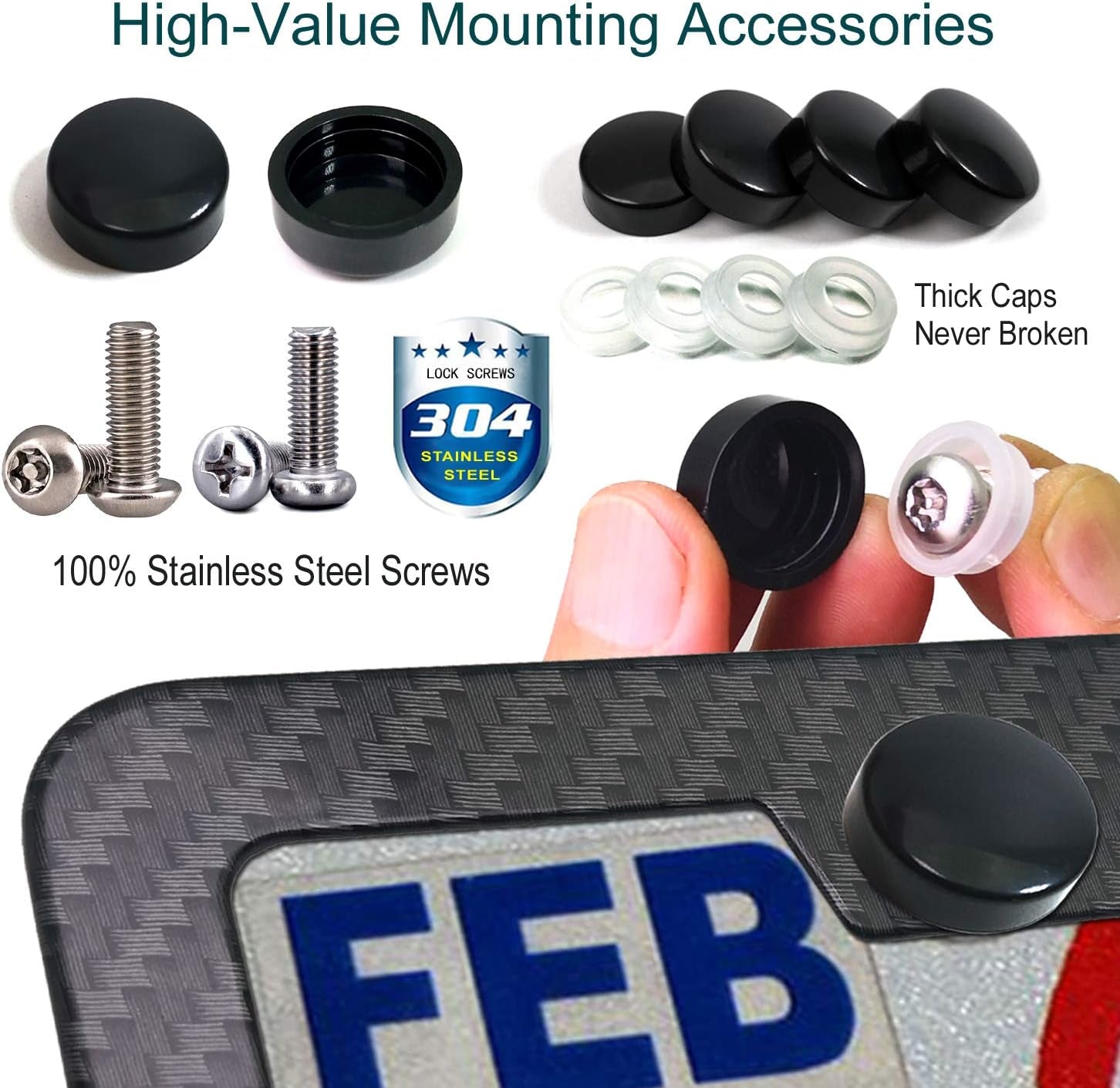 Carbon Fiber License Plate Frames- anti Theft Black Aluminum Printed Carbon Patterns for Front Rear Car Tag Holder, with Stainless Steel Mount Hardware Kit- Locking Security Screws Bolts, Caps