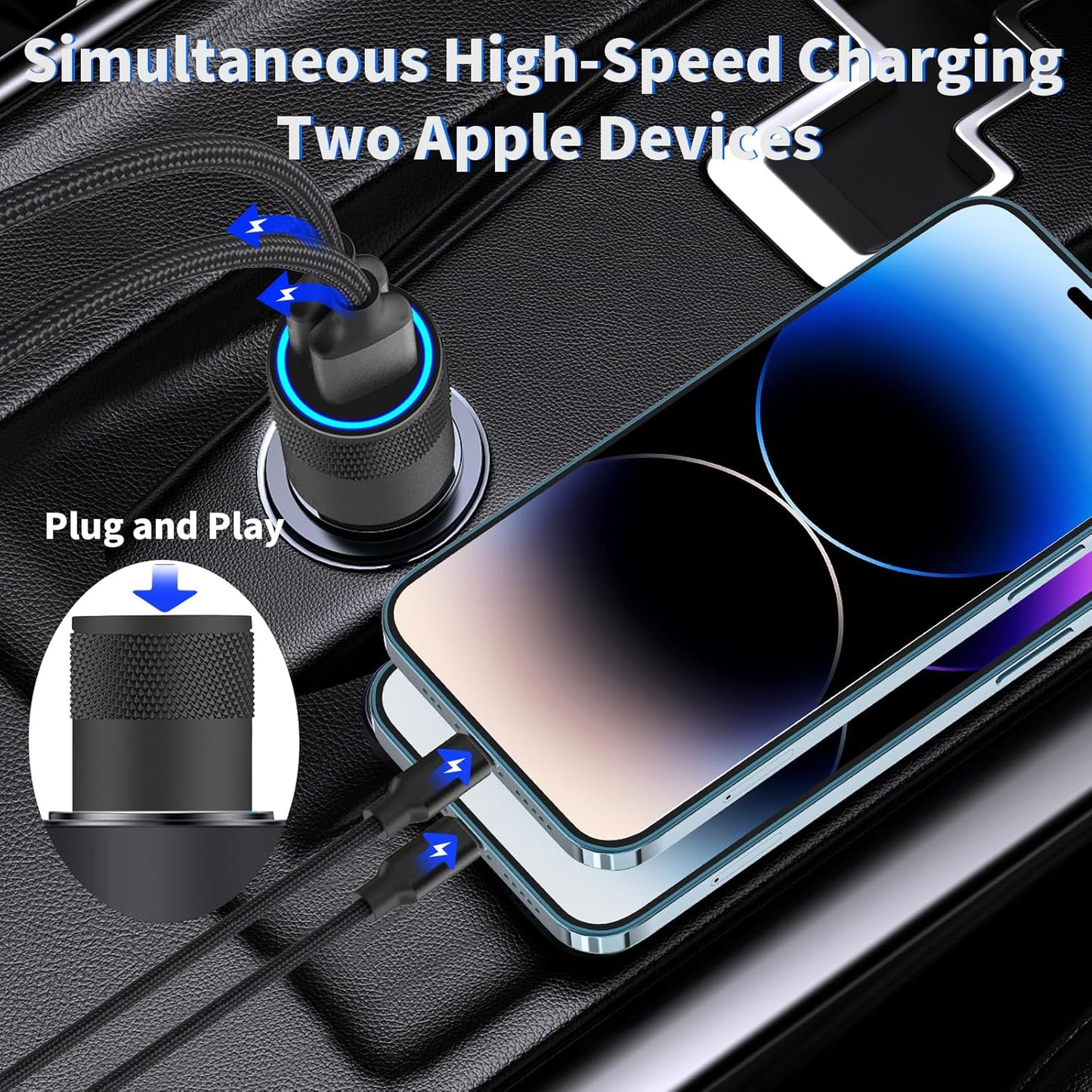 【Mfi Certified】Iphone Car Charger Fast Charging,  4.8A Dual USB Smart Power Cigarette Lighter USB Car Charger with 2Pack Lightning Braided Cable for Iphone 14 13 12 11 Pro XS Mini XR X SE Ipad
