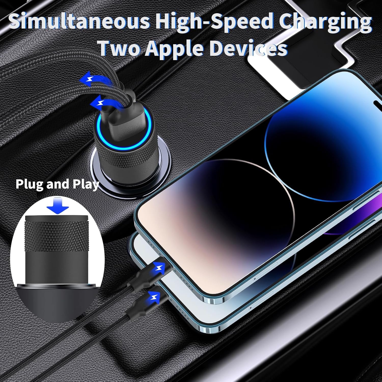 【Mfi Certified】Iphone Car Charger Fast Charging,  4.8A Dual USB Smart Power Cigarette Lighter USB Car Charger with 2Pack Lightning Braided Cable for Iphone 14 13 12 11 Pro XS Mini XR X SE Ipad
