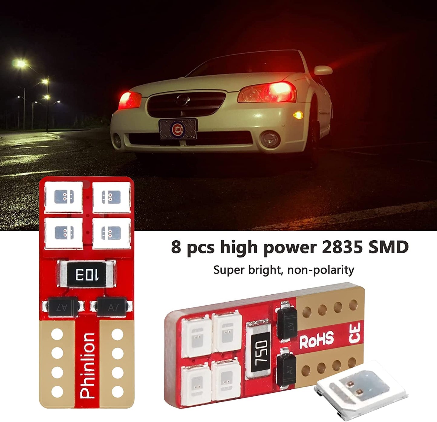 12V T10 168 194 Red LED Light Bulbs, Super Bright Miniature 8-SMD Wedge 3652 12256 12396 Replacement Bulb for Car Interior Dome Map Door Courtesy License Plate Lights, Pack of 10