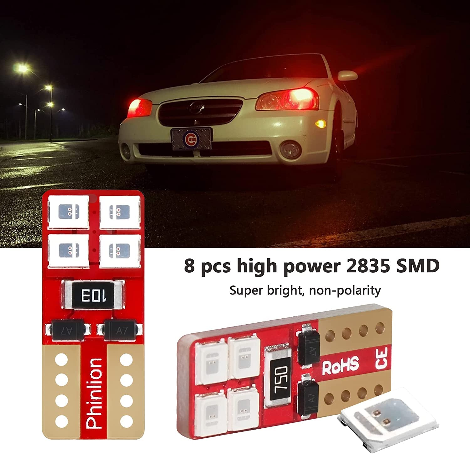 12V T10 168 194 Red LED Light Bulbs, Super Bright Miniature 8-SMD Wedge 3652 12256 12396 Replacement Bulb for Car Interior Dome Map Door Courtesy License Plate Lights, Pack of 10