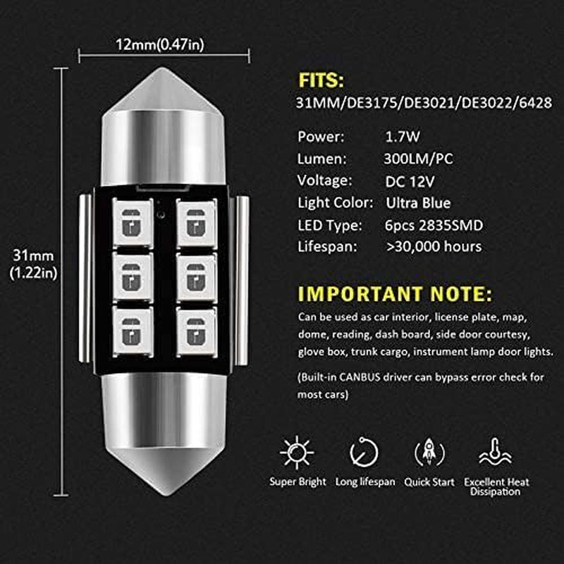 DE3175 DE3021 DE3022 3175 31MM 1.22”Festoon Canbus Error Free LED Interior Light Bulbs Ultra Blue, Super Bright 6SMD Chips for Dome Map Door Courtesy License Plate Lights (Pack of 6)