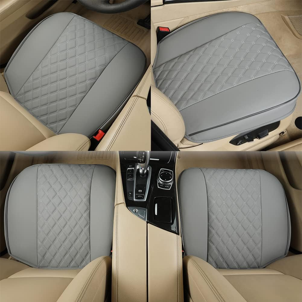 1 Pair PU Front Car Seat Covers, Front Seat Protectors Compatible with 95% Vehicles, Anti-Slip & Full Wrapping Edge, Diamond Pattern Embroidery (W 21.26''×D 20.86”) - Light Gray