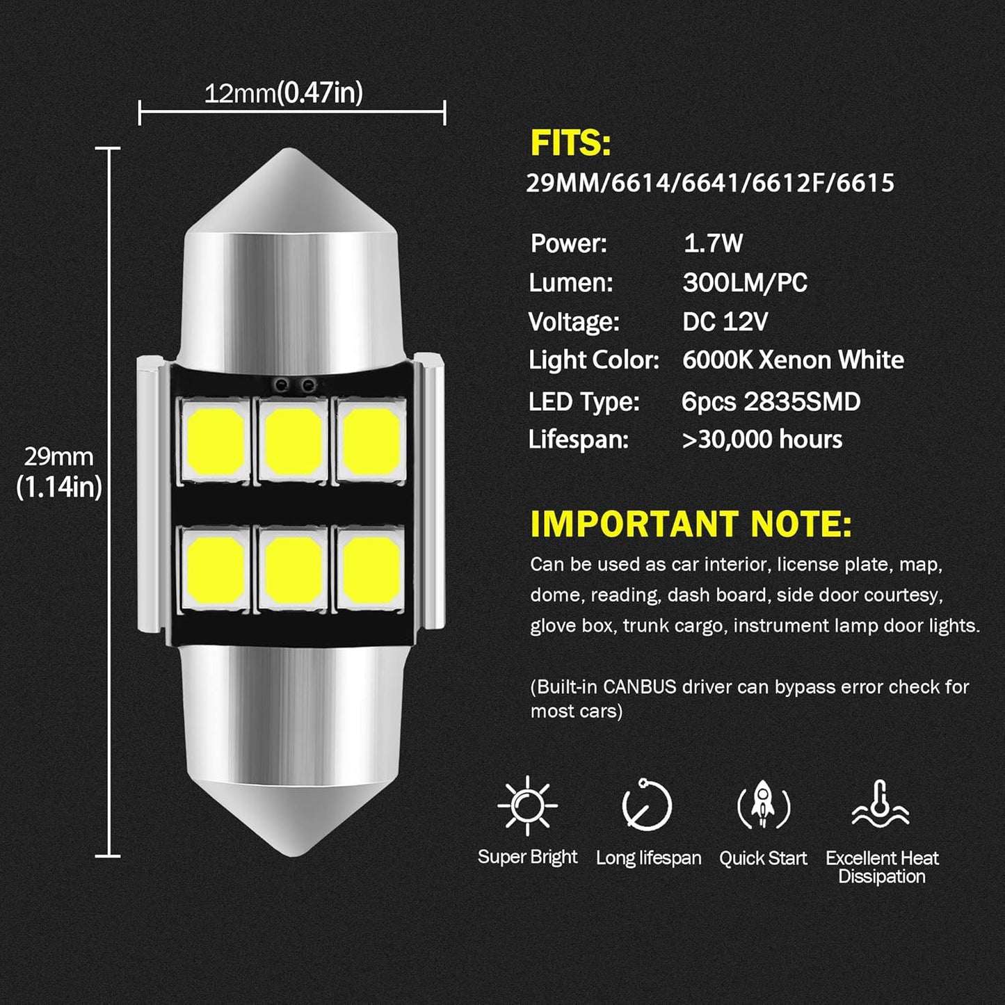 6614 6641 6612F 6615 F30-WHP TS-14V1CP 29MM 1.14”Festoon LED Interior Light Bulbs 6000K Xenon White, Super Bright 6SMD Chips for Car SUV Truck Sunvisor Vanity Mirror Lights (Pack of 6)