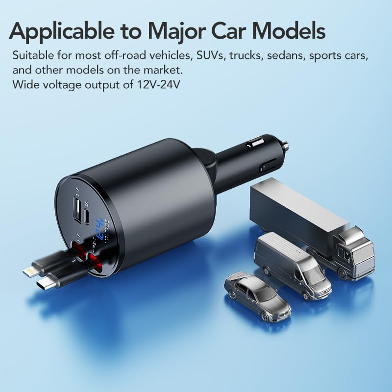 Retractable Car Charger, 4 in 1 Super Fast Car Phone Charger 60W, 2 Retractable Cables and 2 USB Ports Car Charging Adapter,Compatible with Iphone 16/15/14/13/12/11,Air-Pods 4,Galaxy,Pixel