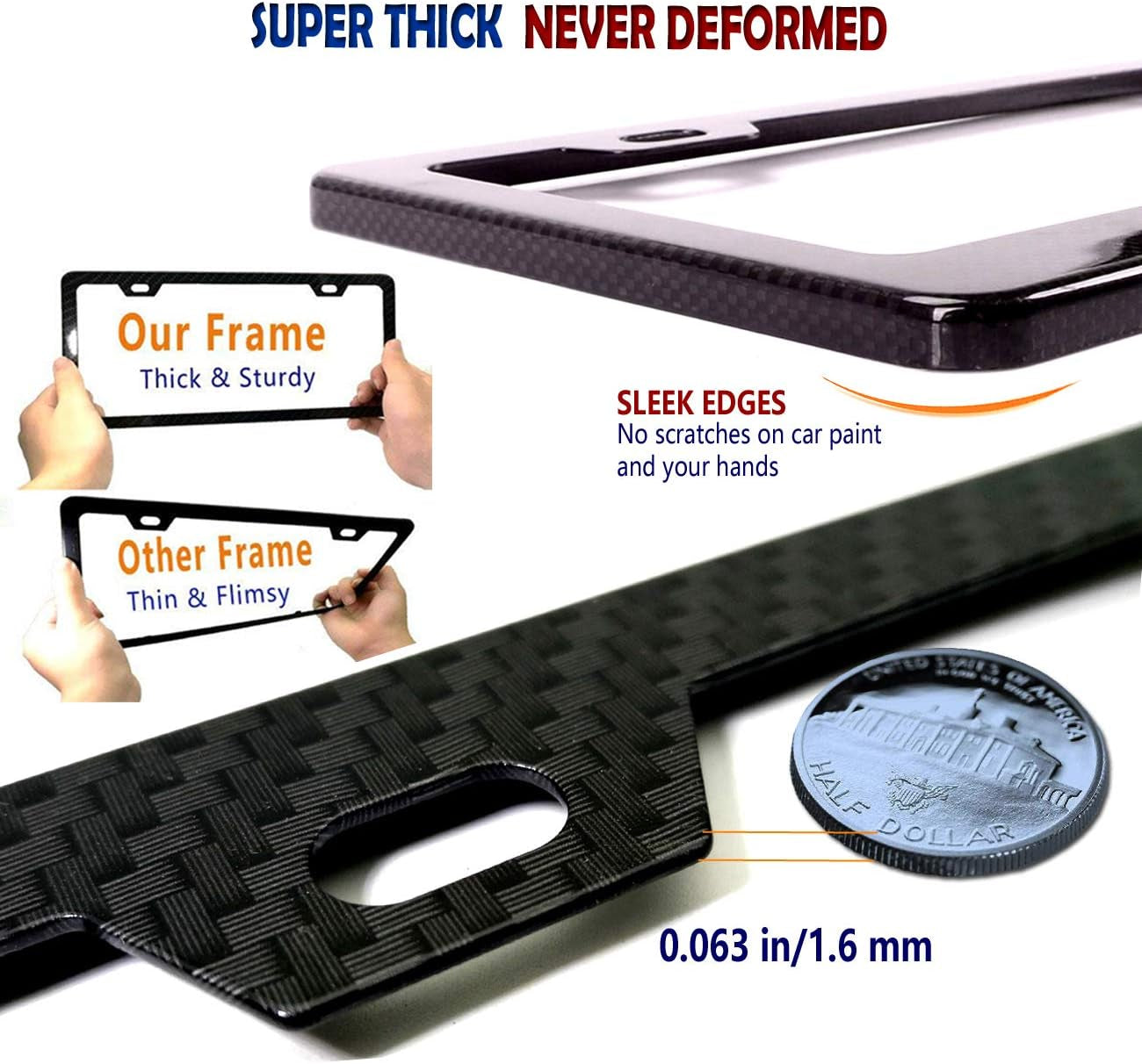 Carbon Fiber License Plate Frames- anti Theft Black Aluminum Printed Carbon Patterns for Front Rear Car Tag Holder, with Stainless Steel Mount Hardware Kit- Locking Security Screws Bolts, Caps