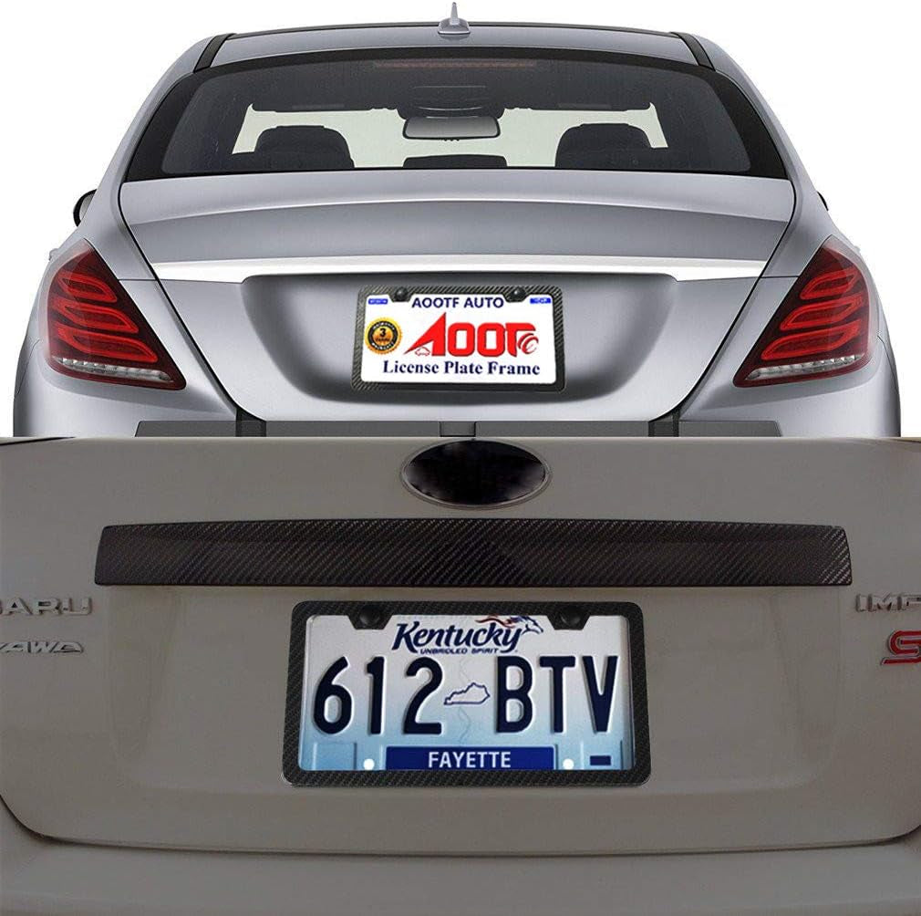Carbon Fiber License Plate Frames- anti Theft Black Aluminum Printed Carbon Patterns for Front Rear Car Tag Holder, with Stainless Steel Mount Hardware Kit- Locking Security Screws Bolts, Caps
