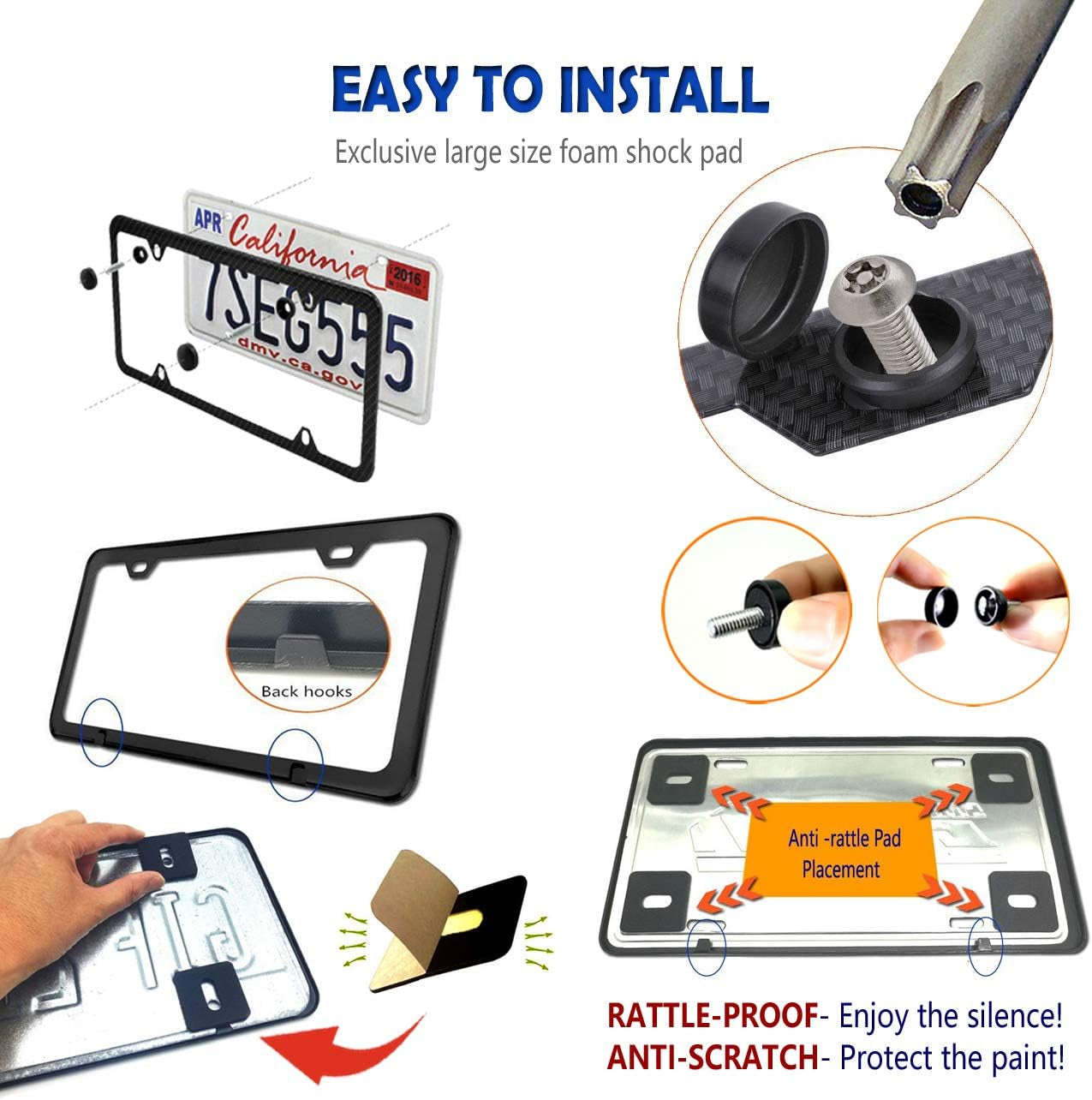 Carbon Fiber License Plate Frames- anti Theft Black Aluminum Printed Carbon Patterns for Front Rear Car Tag Holder, with Stainless Steel Mount Hardware Kit- Locking Security Screws Bolts, Caps