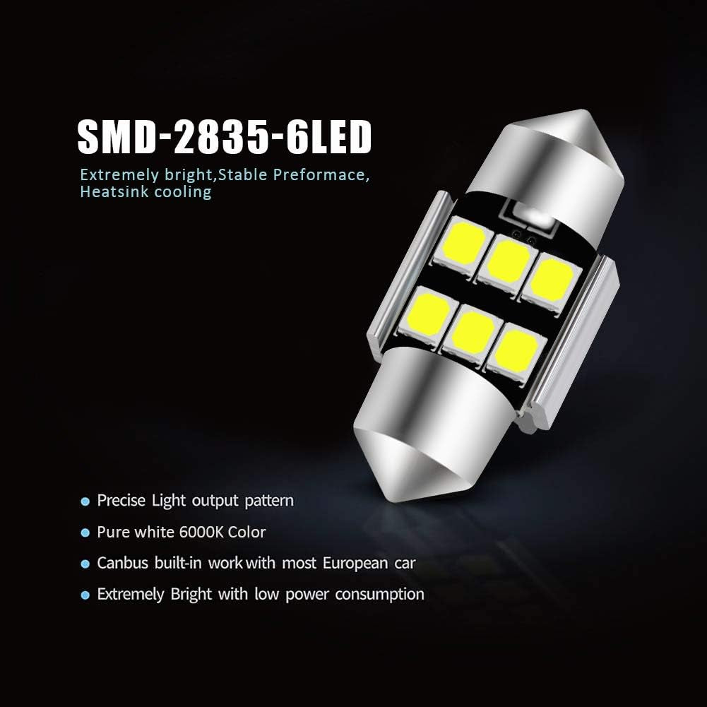 6614 6641 6612F 6615 F30-WHP TS-14V1CP 29MM 1.14”Festoon LED Interior Light Bulbs 6000K Xenon White, Super Bright 6SMD Chips for Car SUV Truck Sunvisor Vanity Mirror Lights (Pack of 6)