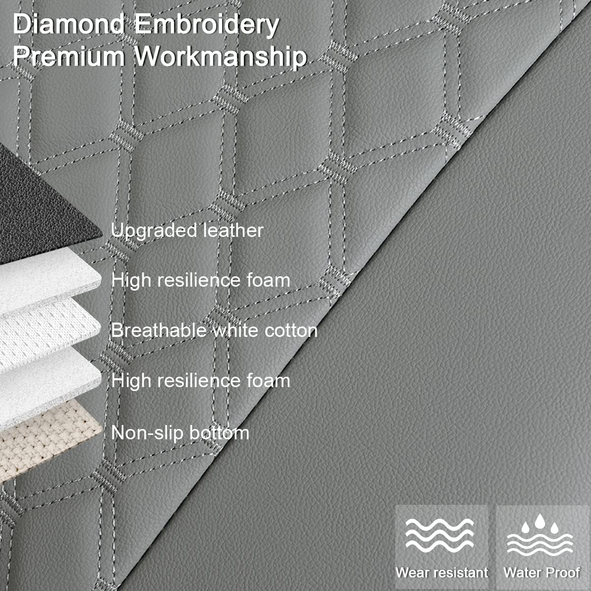 1 Pair PU Front Car Seat Covers, Front Seat Protectors Compatible with 95% Vehicles, Anti-Slip & Full Wrapping Edge, Diamond Pattern Embroidery (W 21.26''×D 20.86”) - Light Gray